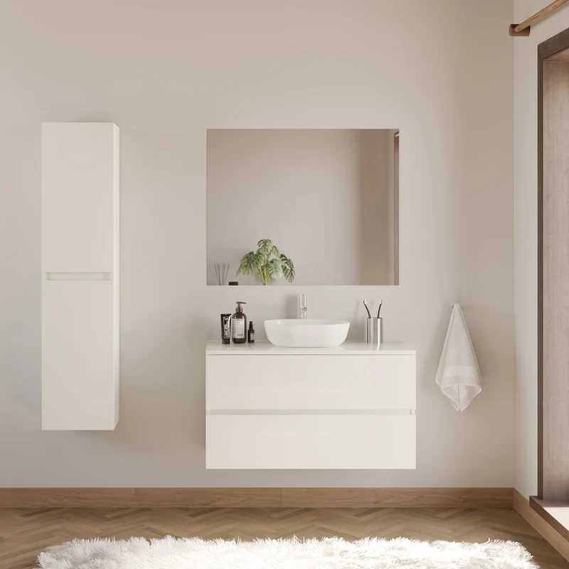 Meuble de salle de bain 100cm avec plateau et vasque à poser arrondie - 2 tiroirs - IDA