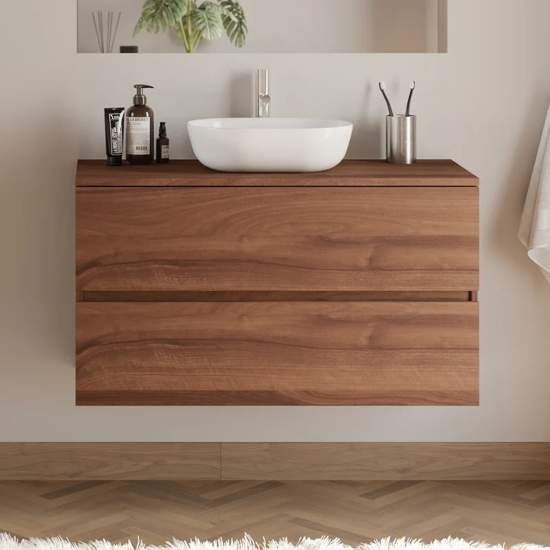 Meuble de salle de bain 100cm avec plateau et vasque à poser arrondie - 2 tiroirs - IDA