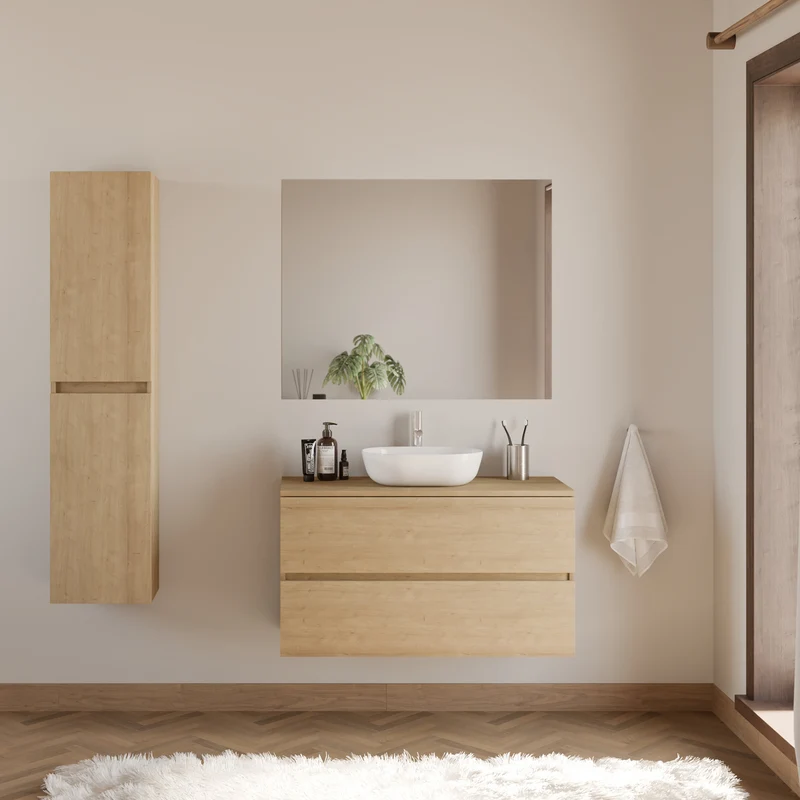 Meuble de salle de bain 100cm avec plateau et vasque à poser arrondie - 2 tiroirs - IDA