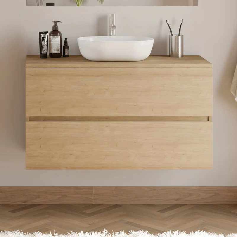 Meuble de salle de bain 100cm avec plateau et vasque à poser arrondie - 2 tiroirs - IDA