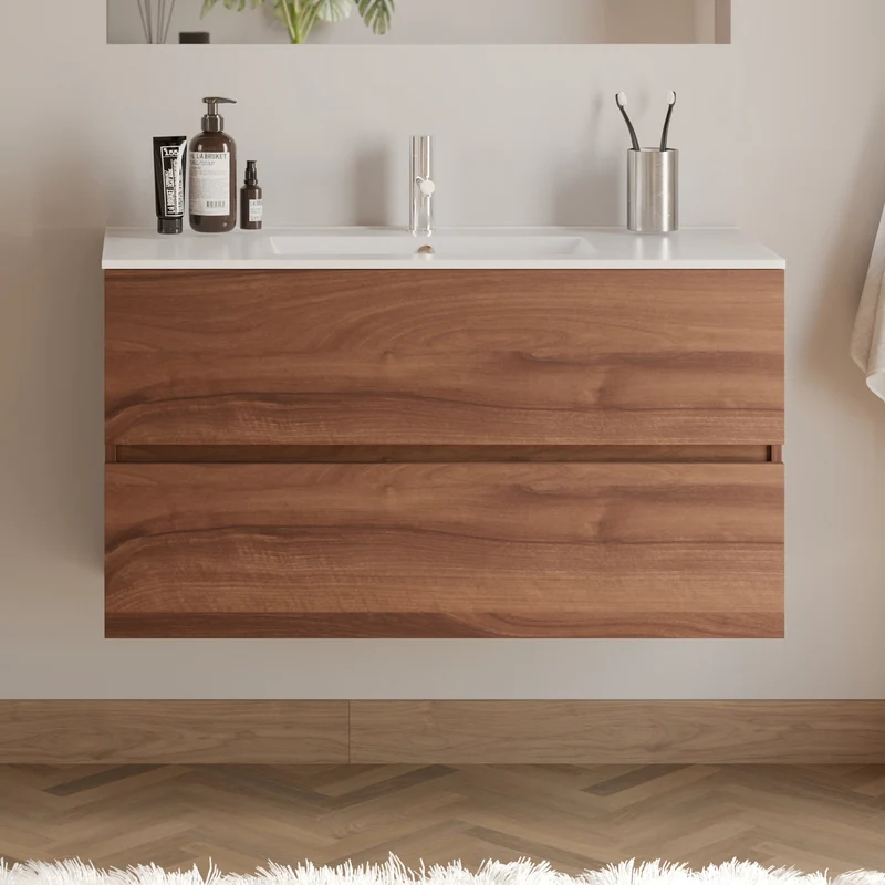Meuble de salle de bain 100cm simple vasque - 2 tiroirs - IDA