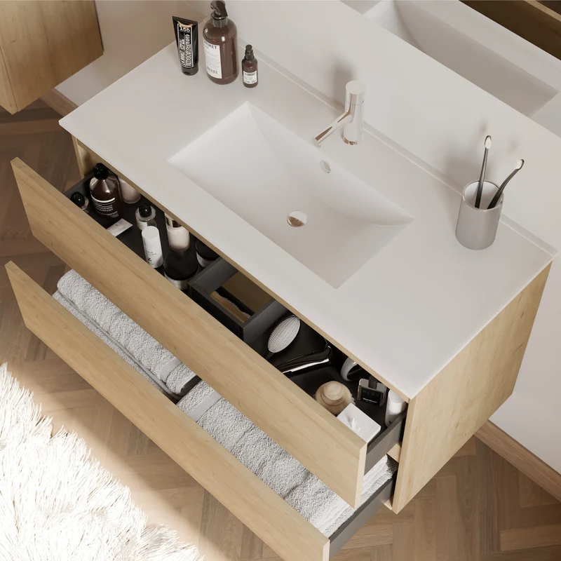 Meuble de salle de bain 100cm simple vasque - 2 tiroirs - IDA