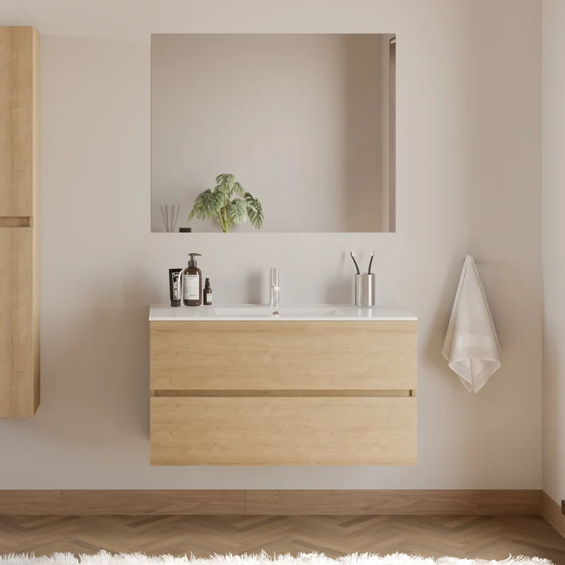 Meuble de salle de bain 100cm simple vasque - 2 tiroirs - IDA