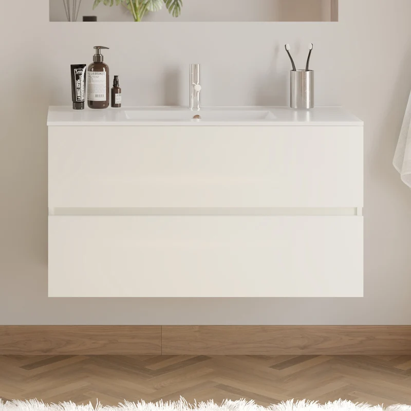 Meuble de salle de bain 100cm simple vasque - 2 tiroirs - IDA