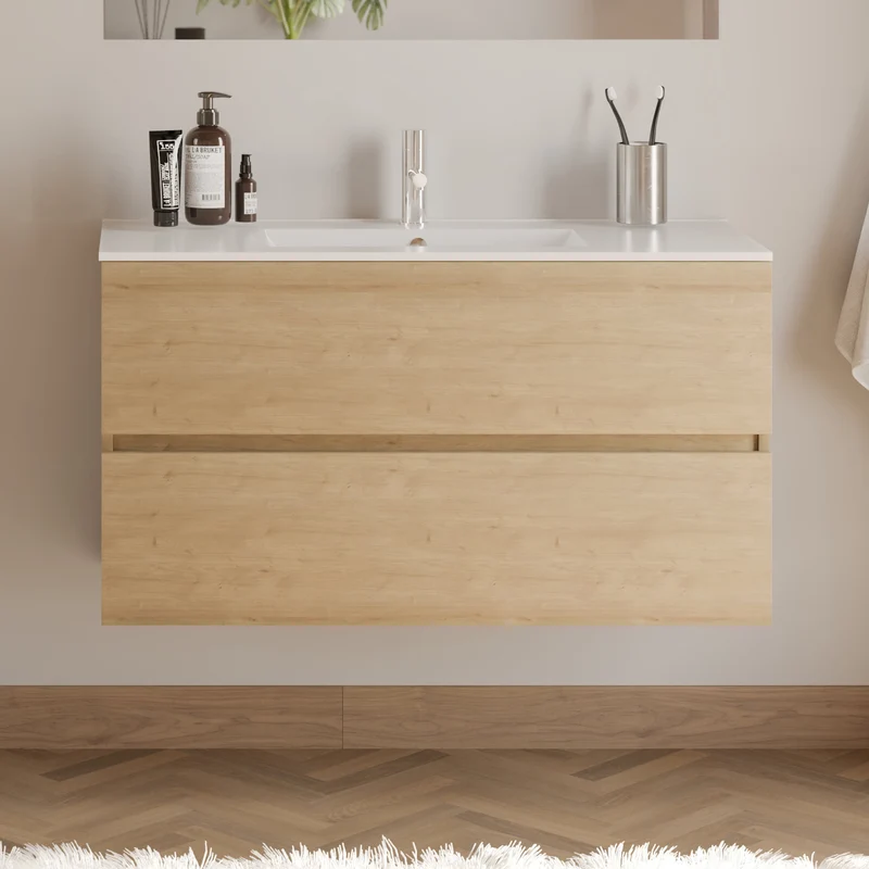 Meuble de salle de bain 100cm simple vasque - 2 tiroirs - IDA