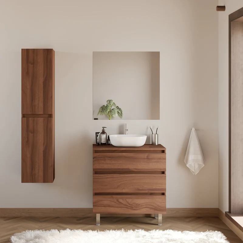 Meuble de salle de bain 70cm avec plateau et vasque à poser arrondie - 3 tiroirs + colonne - MAYOR