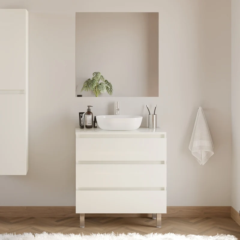 Meuble de salle de bain 70cm avec plateau et vasque à poser arrondie - 3 tiroirs + colonne - MAYOR