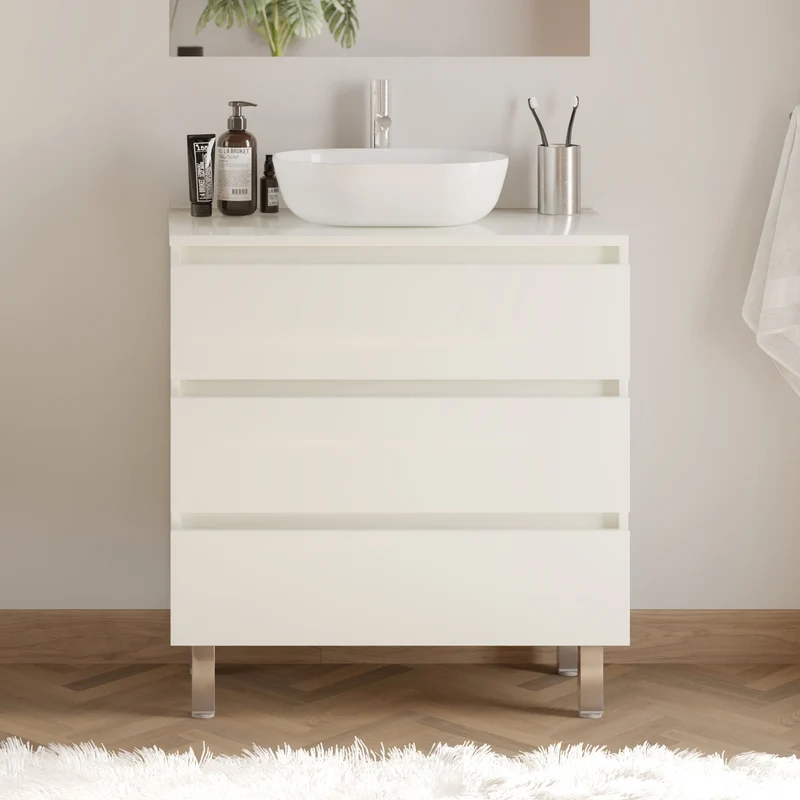 Meuble de salle de bain 70cm avec plateau et vasque à poser arrondie - 3 tiroirs + colonne - MAYOR