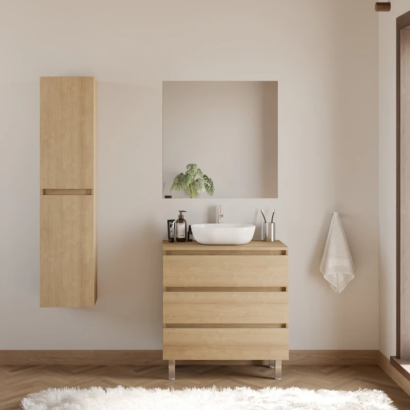 Meuble de salle de bain 70cm avec plateau et vasque à poser arrondie - 3 tiroirs + colonne - MAYOR