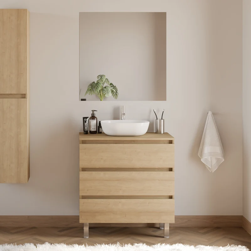 Meuble de salle de bain 70cm avec plateau et vasque à poser arrondie - 3 tiroirs + colonne - MAYOR