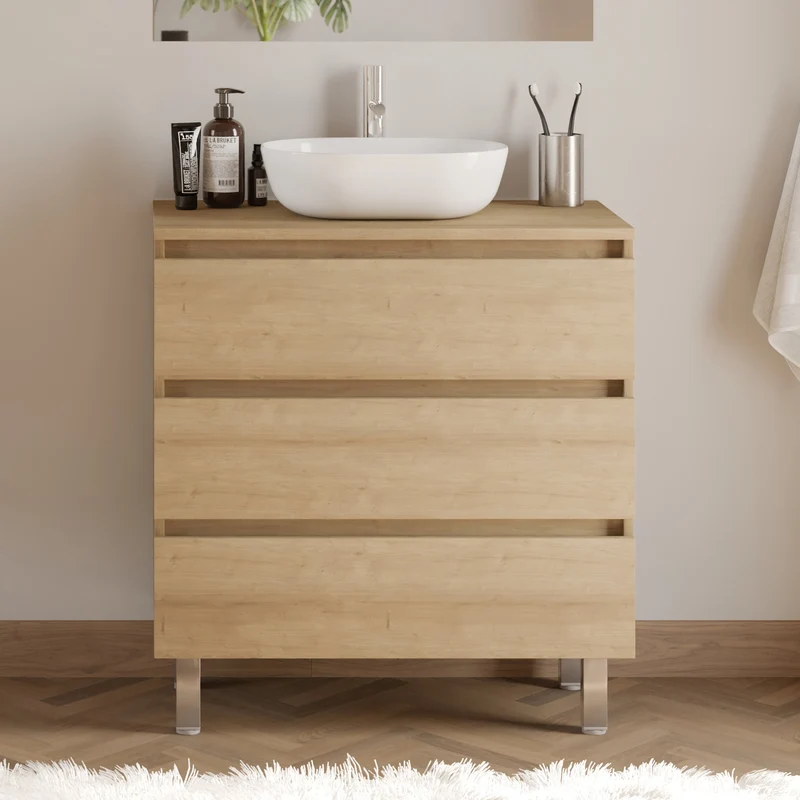 Meuble de salle de bain 70cm avec plateau et vasque à poser arrondie - 3 tiroirs + colonne - MAYOR