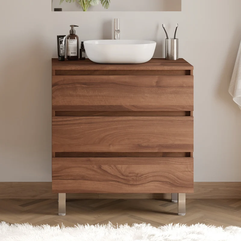 Meuble de salle de bain 70cm avec plateau et vasque à poser arrondie - 3 tiroirs + colonne - MAYOR