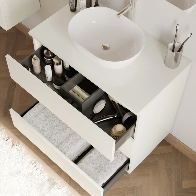 Meuble de salle de bain 70cm avec plateau et vasque à poser arrondie - 3 tiroirs + colonne - MAYOR