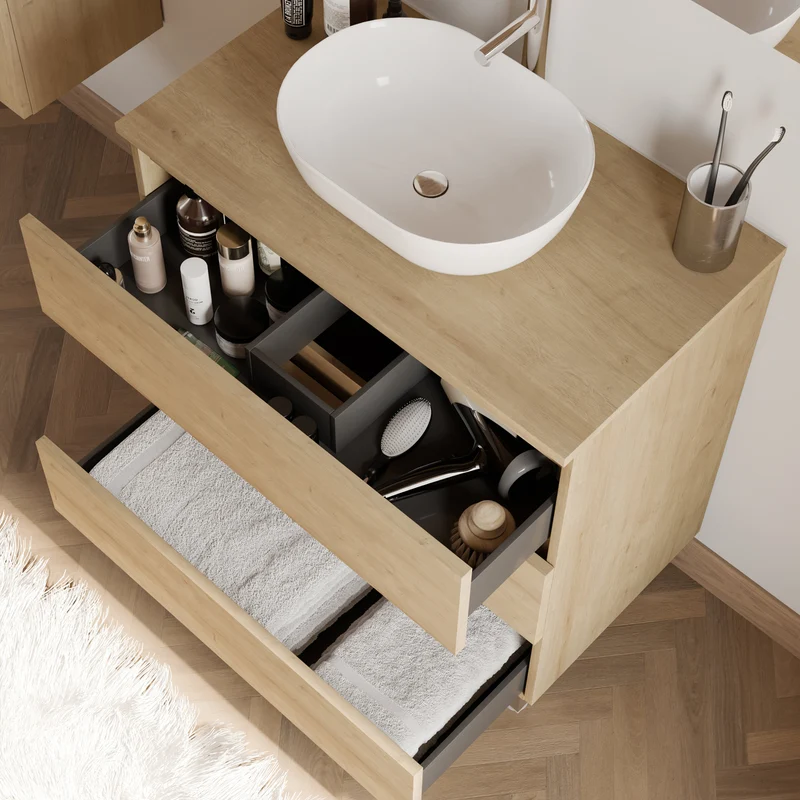 Meuble de salle de bain 70cm avec plateau et vasque à poser arrondie - 3 tiroirs + colonne - MAYOR