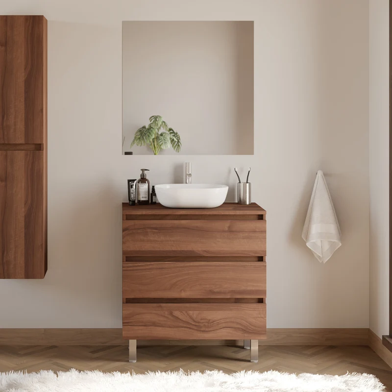 Meuble de salle de bain 70cm avec plateau et vasque à poser arrondie - 3 tiroirs + colonne - MAYOR
