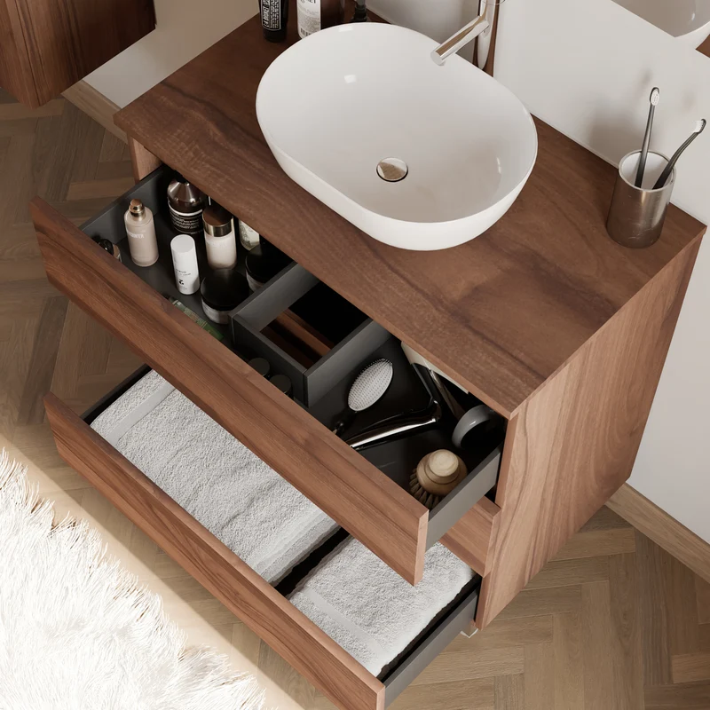 Meuble de salle de bain 70cm avec plateau et vasque à poser arrondie - 3 tiroirs + colonne - MAYOR