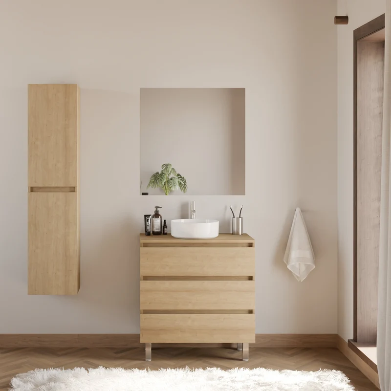 Meuble de salle de bain 80cm avec plateau et vasque à poser ronde - 3 tiroirs - MAYOR
