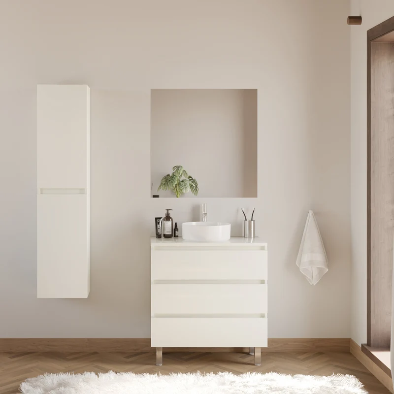 Meuble de salle de bain 80cm avec plateau et vasque à poser ronde - 3 tiroirs - MAYOR