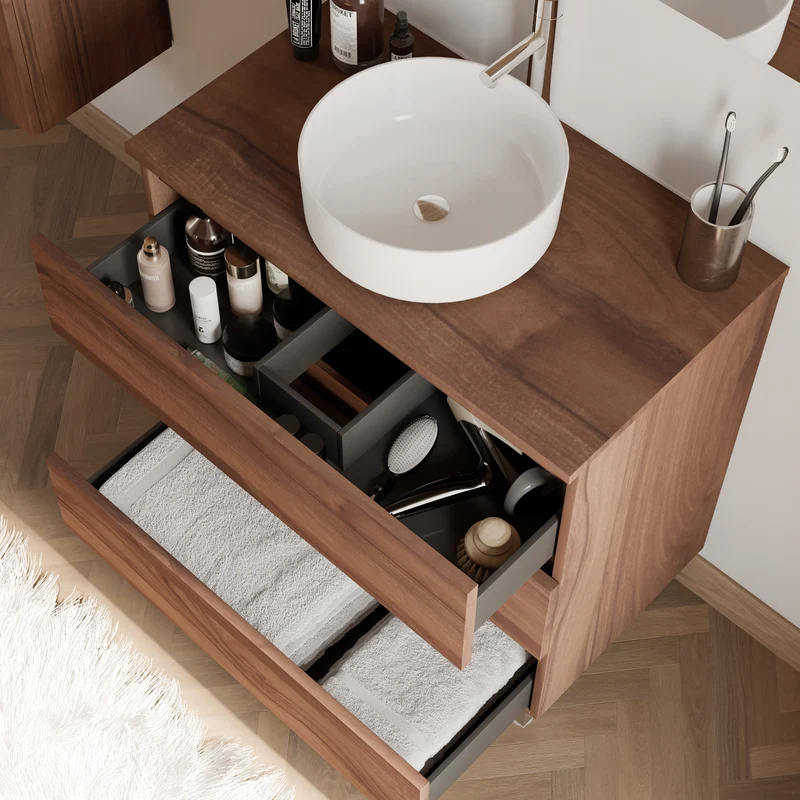 Meuble de salle de bain 80cm avec plateau et vasque à poser ronde - 3 tiroirs - MAYOR