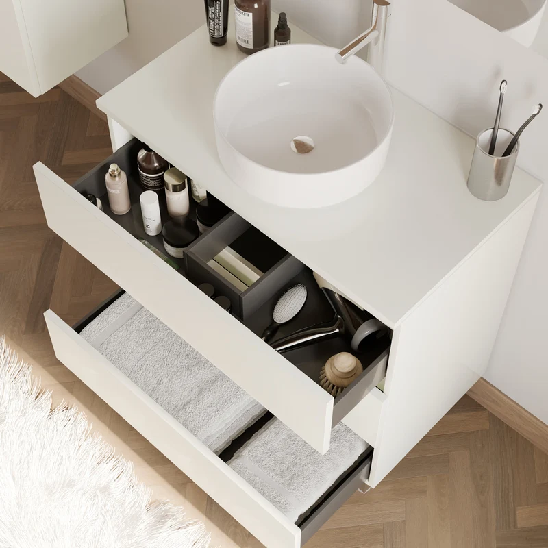 Meuble de salle de bain 80cm avec plateau et vasque à poser ronde - 3 tiroirs - MAYOR