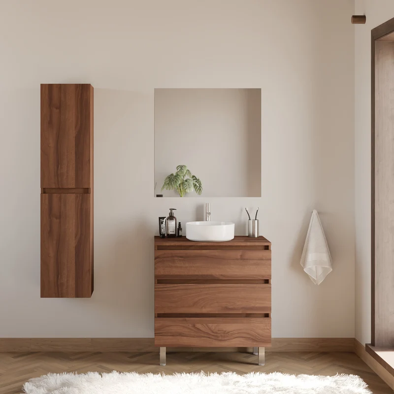 Meuble de salle de bain 80cm avec plateau et vasque à poser ronde - 3 tiroirs - MAYOR