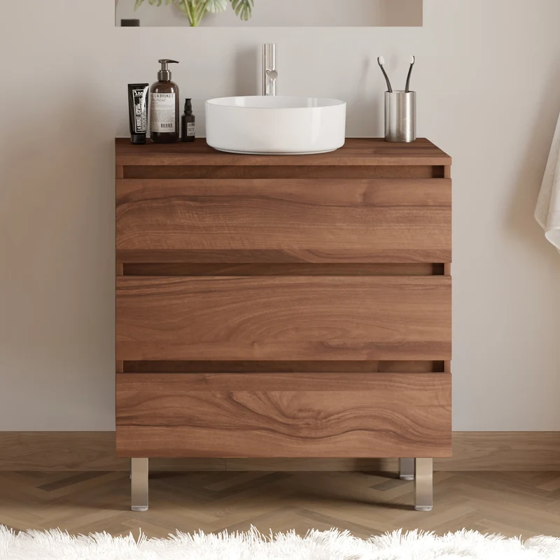 Meuble de salle de bain 80cm avec plateau et vasque à poser ronde - 3 tiroirs - MAYOR