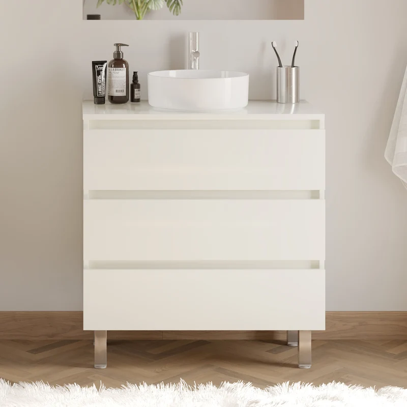 Meuble de salle de bain 80cm avec plateau et vasque à poser ronde - 3 tiroirs - MAYOR
