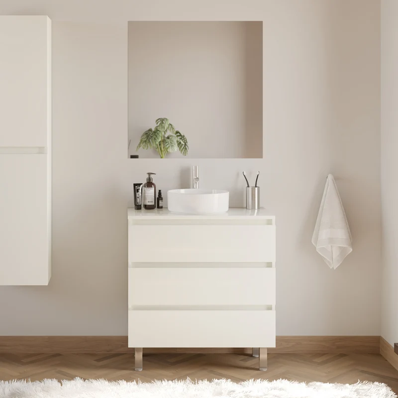 Meuble de salle de bain 80cm avec plateau et vasque à poser ronde - 3 tiroirs - MAYOR
