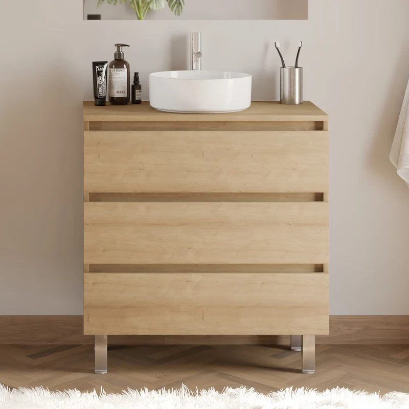 Meuble de salle de bain 80cm avec plateau et vasque à poser ronde - 3 tiroirs - MAYOR