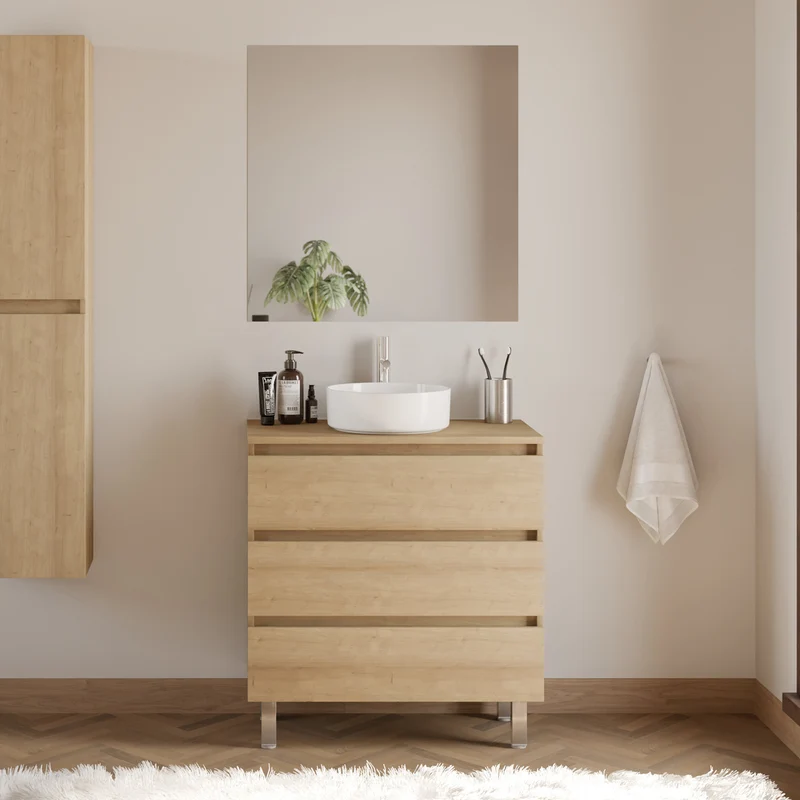 Meuble de salle de bain 80cm avec plateau et vasque à poser ronde - 3 tiroirs - MAYOR