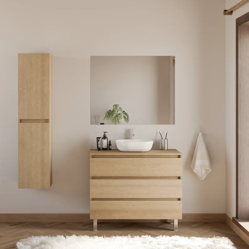 Meuble de salle de bain 100cm avec plateau et vasque à poser arrondie - 3 tiroirs - MAYOR