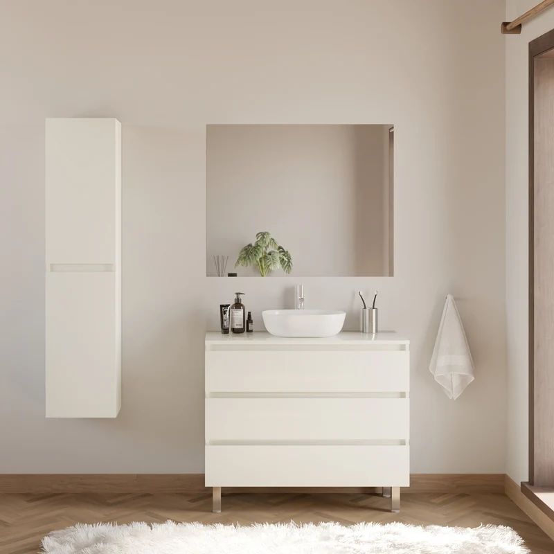 Meuble de salle de bain 100cm avec plateau et vasque à poser arrondie - 3 tiroirs - MAYOR