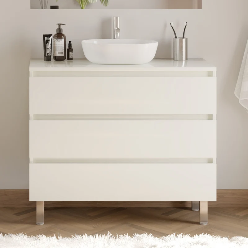 Meuble de salle de bain 100cm avec plateau et vasque à poser arrondie - 3 tiroirs - MAYOR