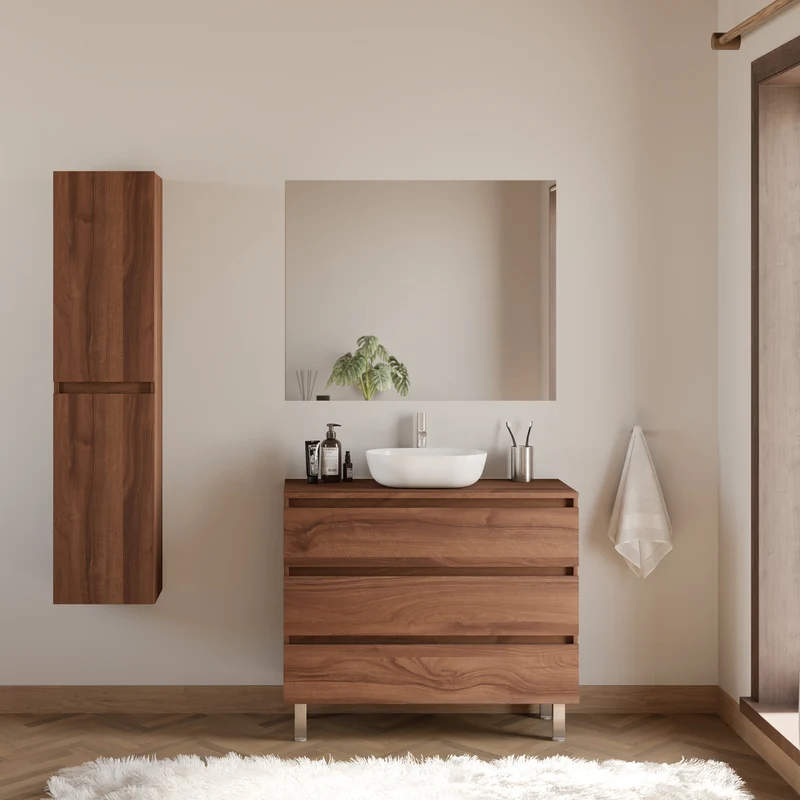 Meuble de salle de bain 100cm avec plateau et vasque à poser arrondie - 3 tiroirs - MAYOR