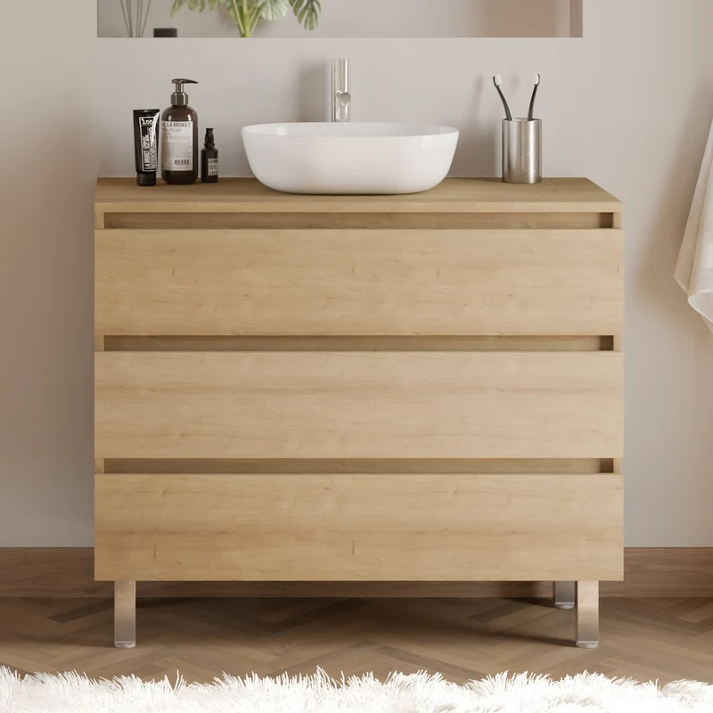 Meuble de salle de bain 100cm avec plateau et vasque à poser arrondie - 3 tiroirs - MAYOR