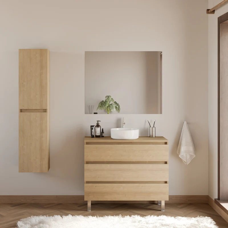 Meuble de salle de bain 100cm avec plateau et vasque à poser ronde - 3 tiroirs - MAYOR
