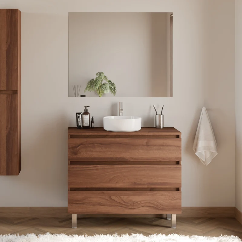 Meuble de salle de bain 100cm avec plateau et vasque à poser ronde - 3 tiroirs - MAYOR