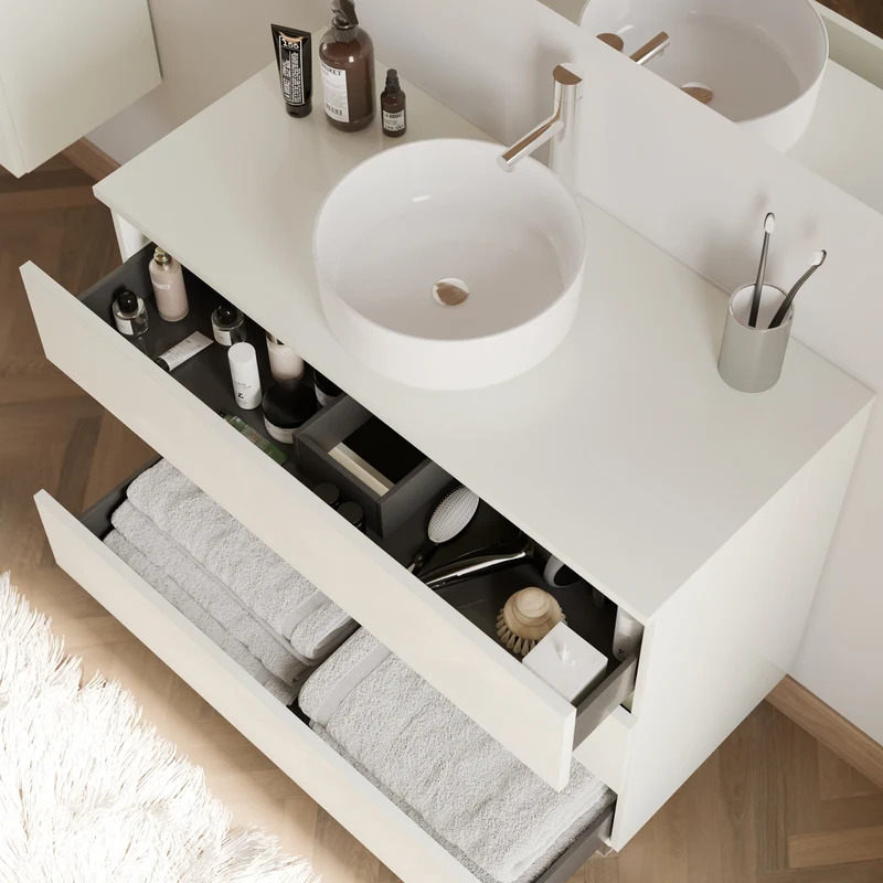 Meuble de salle de bain 100cm avec plateau et vasque à poser ronde - 3 tiroirs - MAYOR