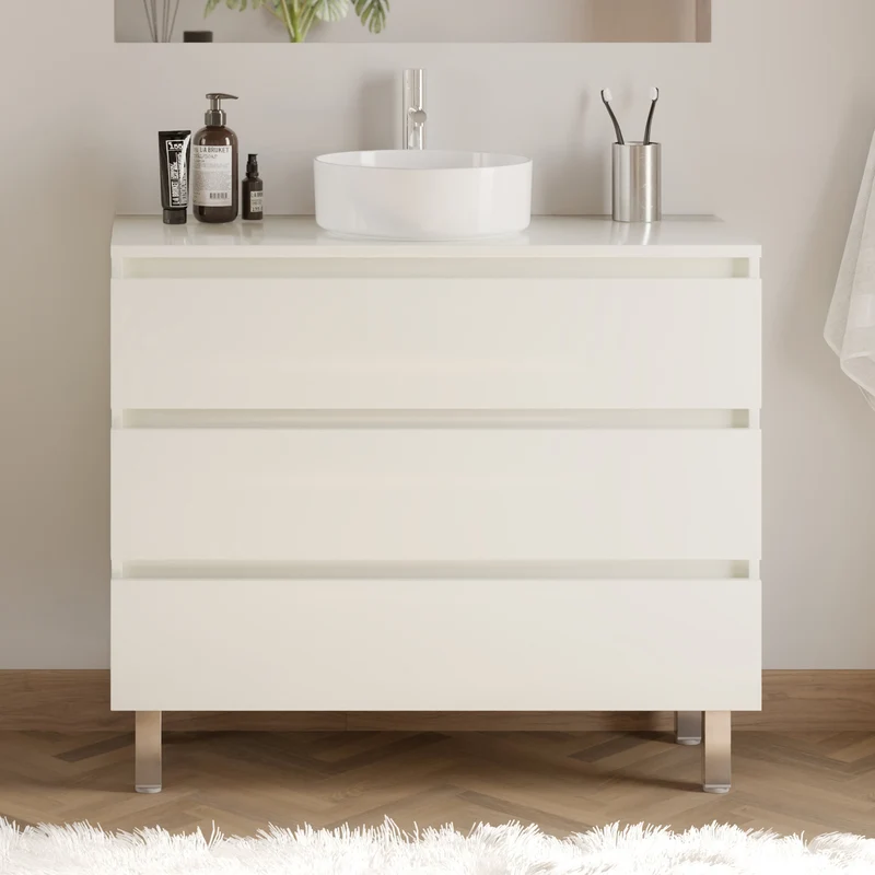 Meuble de salle de bain 100cm avec plateau et vasque à poser ronde - 3 tiroirs - MAYOR