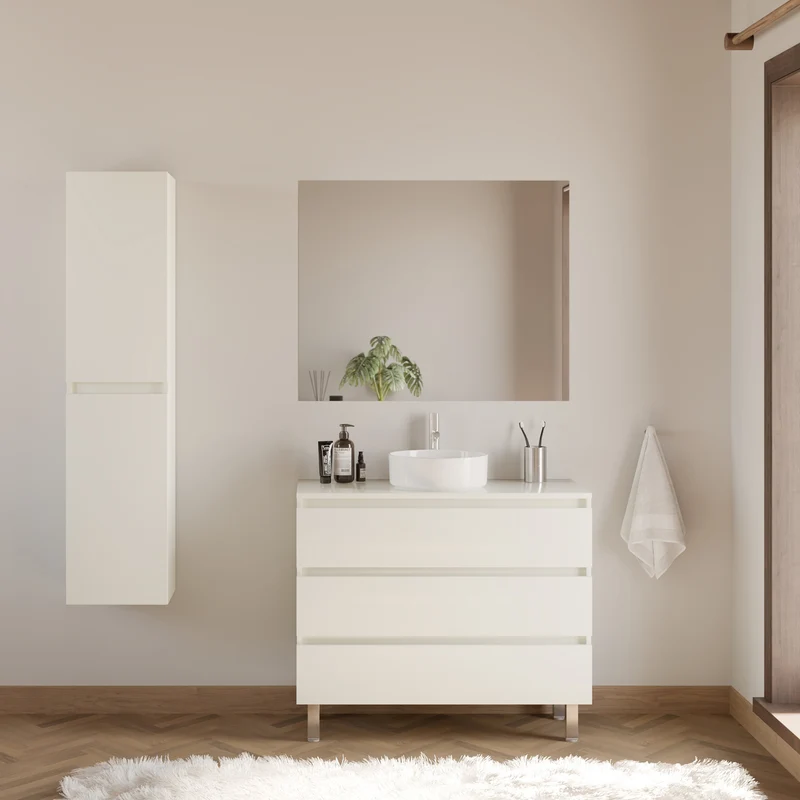 Meuble de salle de bain 100cm avec plateau et vasque à poser ronde - 3 tiroirs - MAYOR