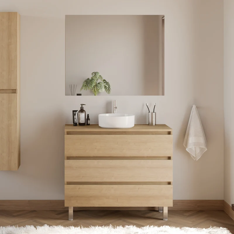 Meuble de salle de bain 100cm avec plateau et vasque à poser ronde - 3 tiroirs - MAYOR