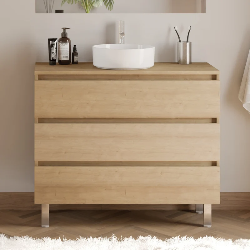 Meuble de salle de bain 100cm avec plateau et vasque à poser ronde - 3 tiroirs - MAYOR