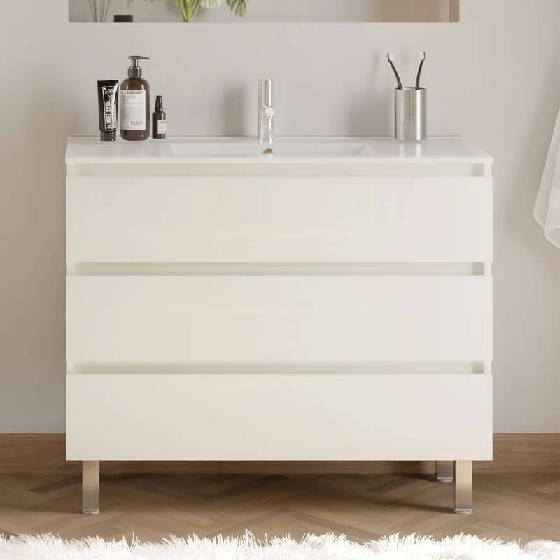 Meuble de salle de bain 100cm simple vasque - 3 tiroirs - MAYOR