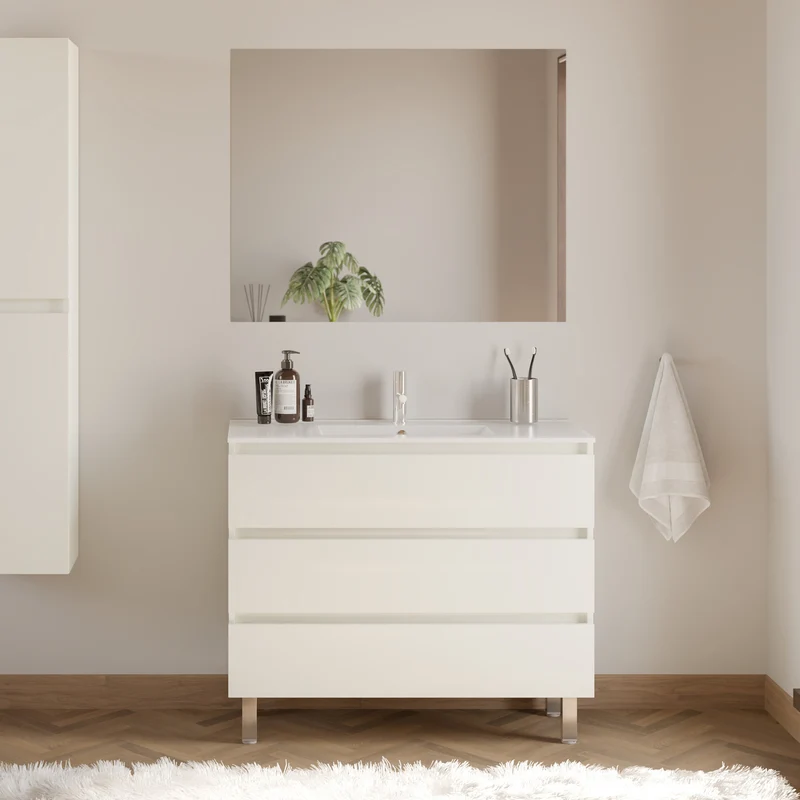 Meuble de salle de bain 100cm simple vasque - 3 tiroirs - MAYOR
