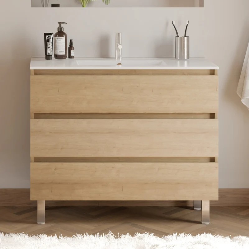 Meuble de salle de bain 100cm simple vasque - 3 tiroirs - MAYOR