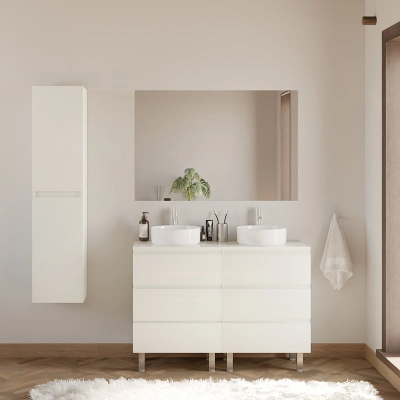 Meuble de salle de bain 120cm avec plateau et 2 vasques à poser rondes - 6 tiroirs - MAYOR