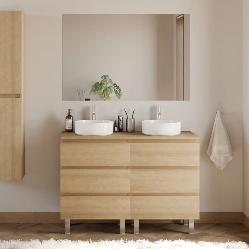 Meuble de salle de bain 120cm avec plateau et 2 vasques à poser rondes - 6 tiroirs - MAYOR