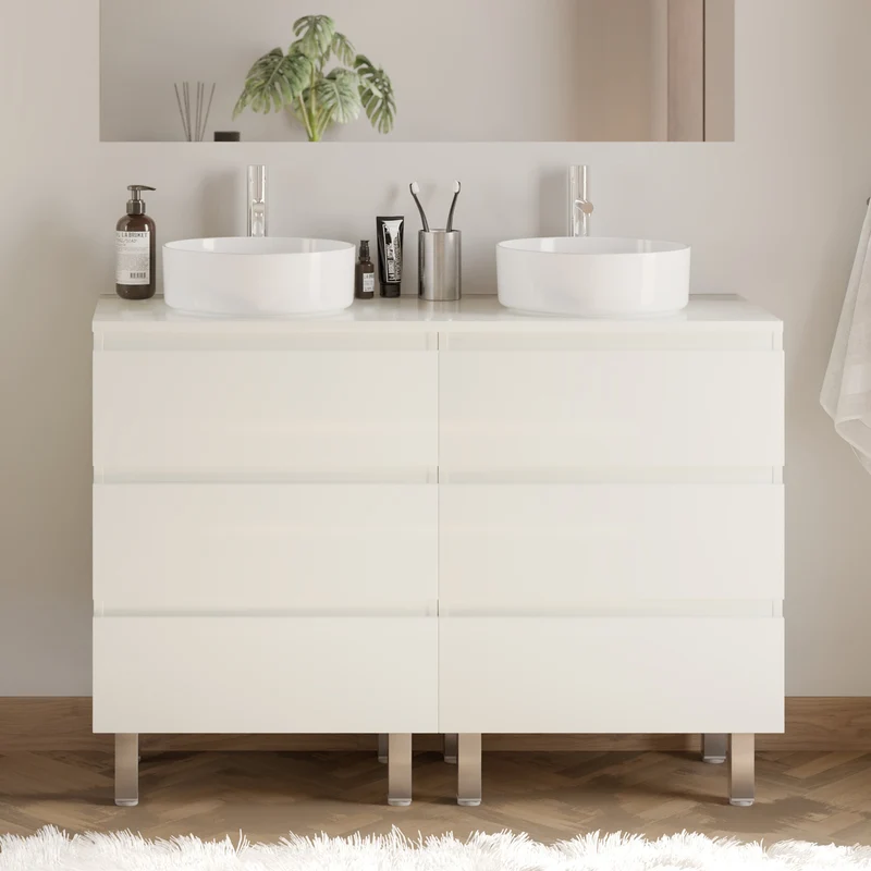Meuble de salle de bain 120cm avec plateau et 2 vasques à poser rondes - 6 tiroirs - MAYOR
