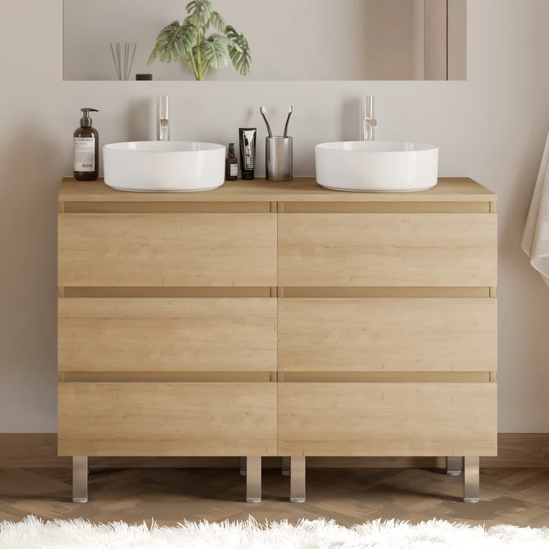 Meuble de salle de bain 120cm avec plateau et 2 vasques à poser rondes - 6 tiroirs - MAYOR