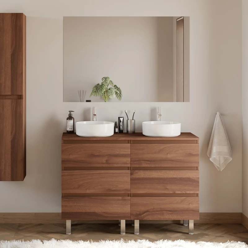 Meuble de salle de bain 120cm avec plateau et 2 vasques à poser rondes - 6 tiroirs - MAYOR